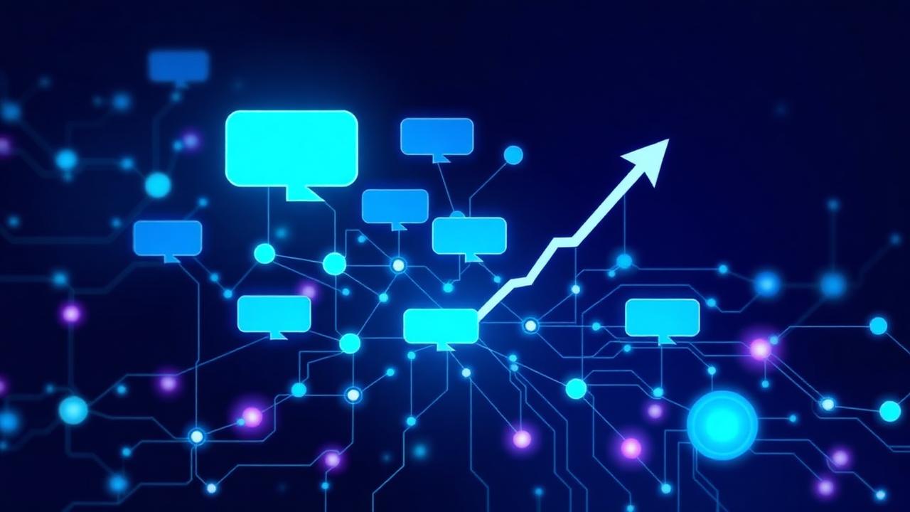 Rede neural com mensagens e curva de crescimento representando IA para vendas