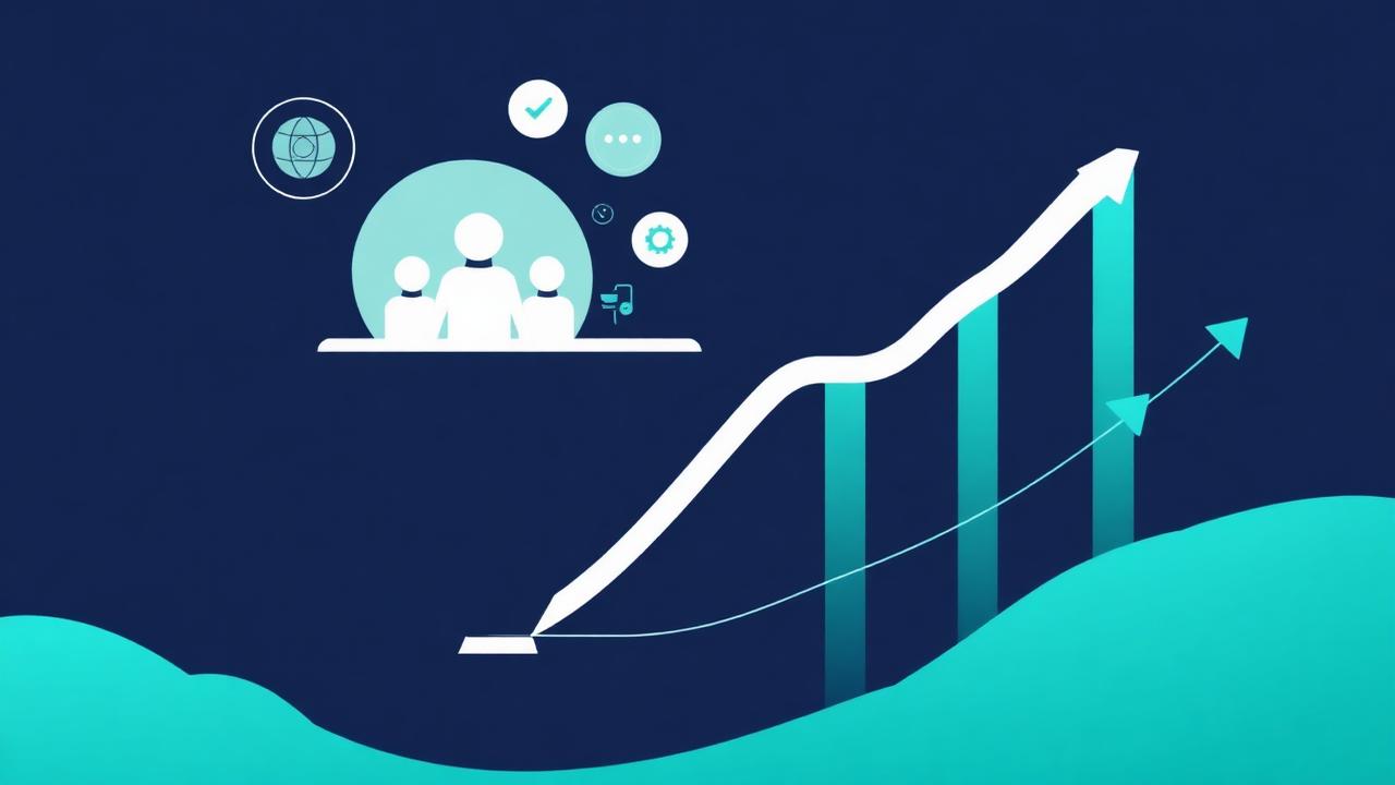 Ilustração de funil de prospecção B2B com gráficos de crescimento e ícones de equipe