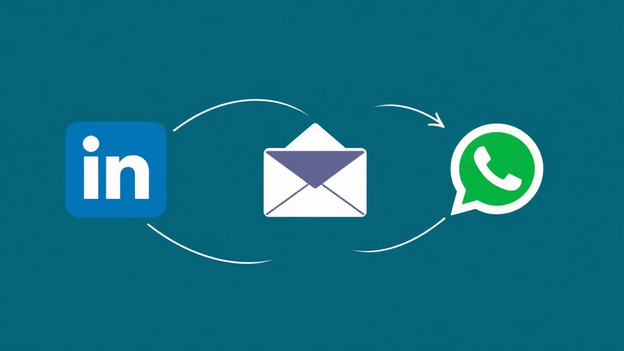 Fluxo multicanal conectando LinkedIn, e-mail e WhatsApp