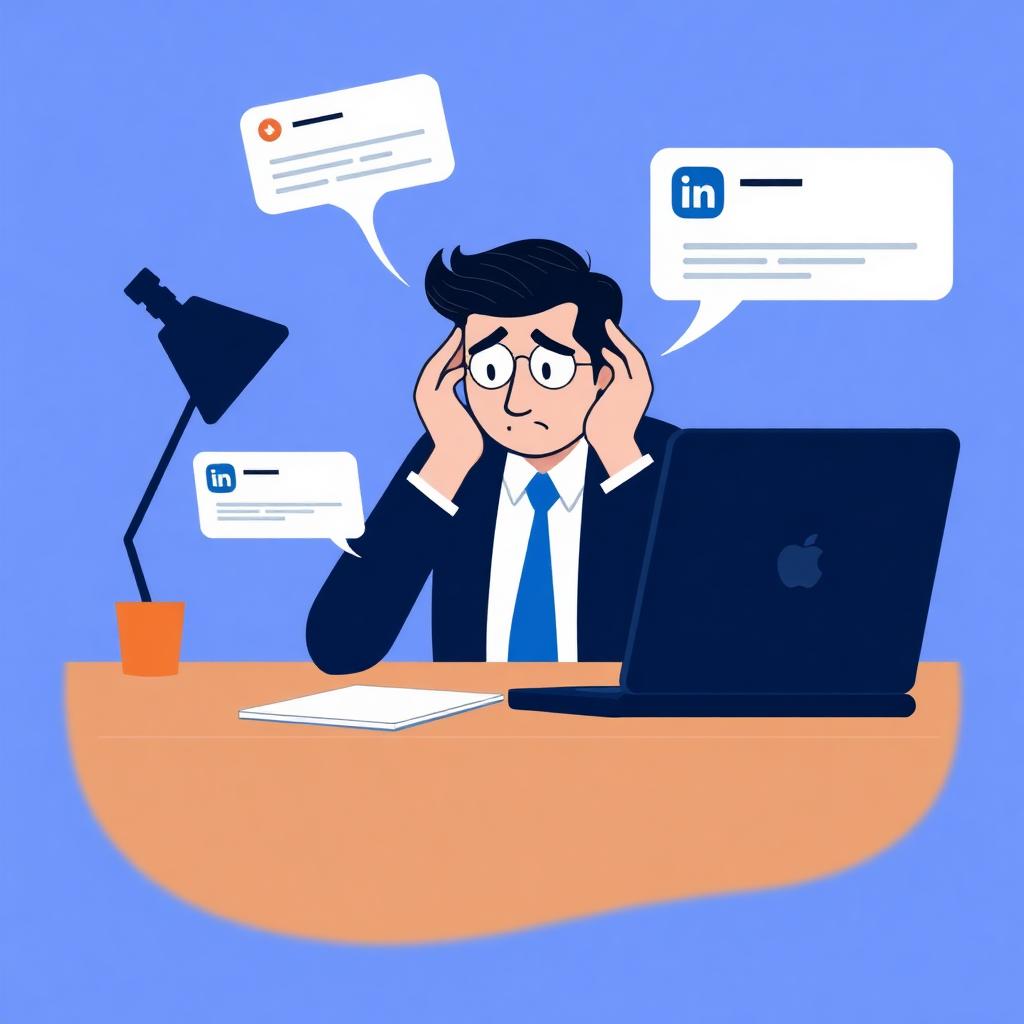 Profissional de vendas frustrado em frente ao computador com mensagens de LinkedIn sem resposta